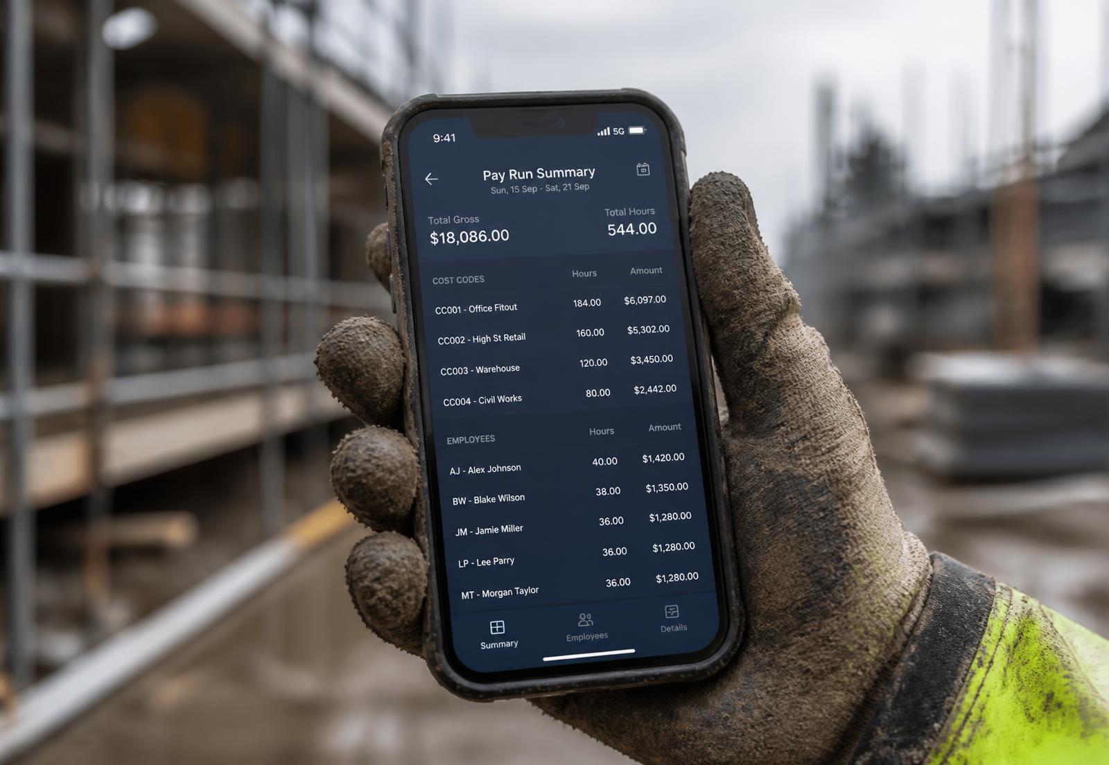 Construction payroll app showing an interpreted pay run on a phone held by a gloved hand on site